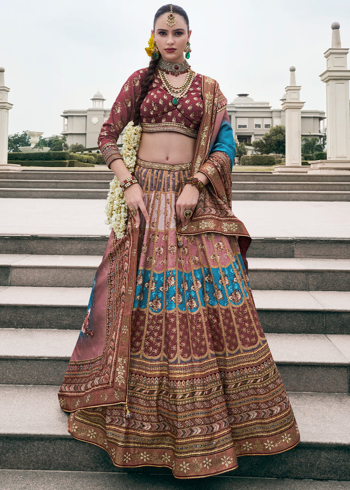 Shades Of Brown Floral Printed Banarasi Silk lehenga Choli Having Embellishment work