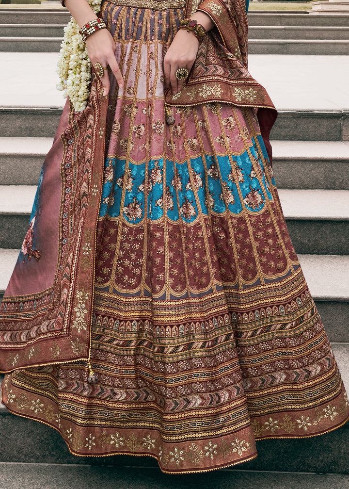 Shades Of Brown Floral Printed Banarasi Silk lehenga Choli Having Embellishment work