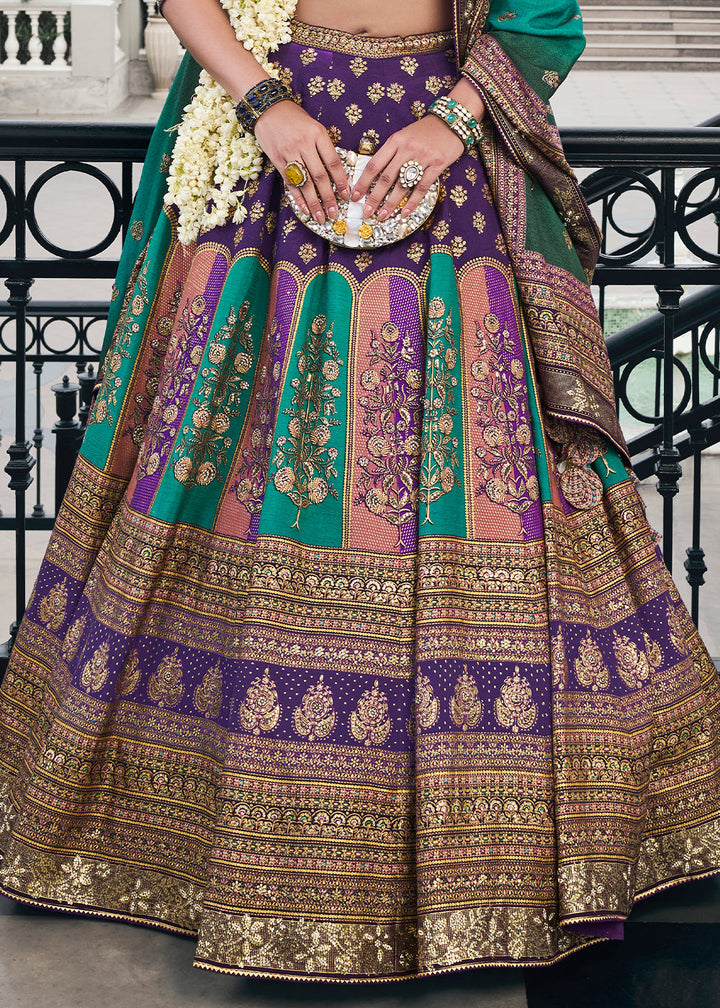 Shades Of Purple & Green Floral Printed Banarasi Silk lehenga Choli Having Embellishment work