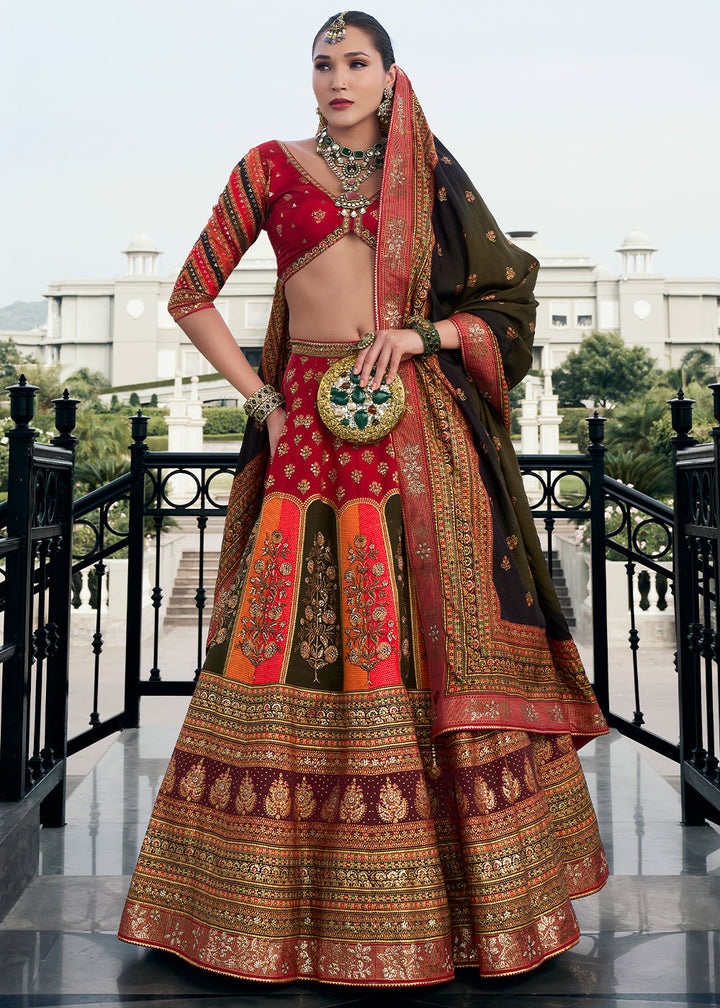 Shades Of Red & Orange Floral Printed Banarasi Silk lehenga Choli Having Embellishment work