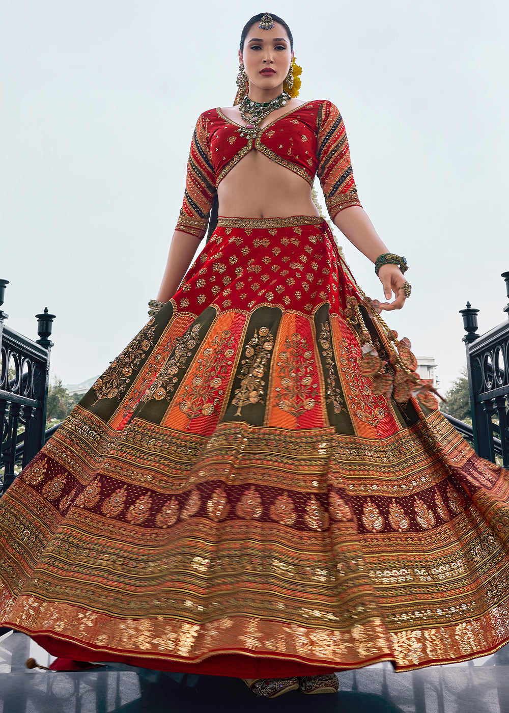 Shades Of Red & Orange Floral Printed Banarasi Silk lehenga Choli Having Embellishment work