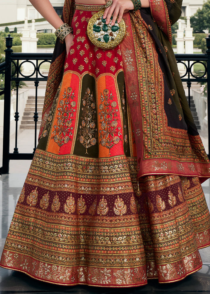 Shades Of Red & Orange Floral Printed Banarasi Silk lehenga Choli Having Embellishment work