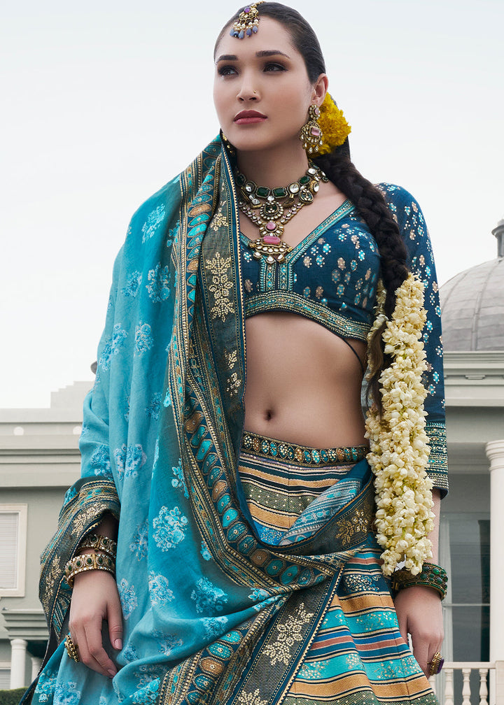 Shades Of Blue Floral Printed Banarasi Silk lehenga Choli Having Embellishment work