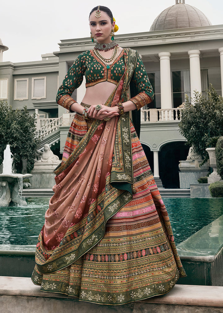 Shades Of Green & Pink Floral Printed Banarasi Silk lehenga Choli Having Embellishment work