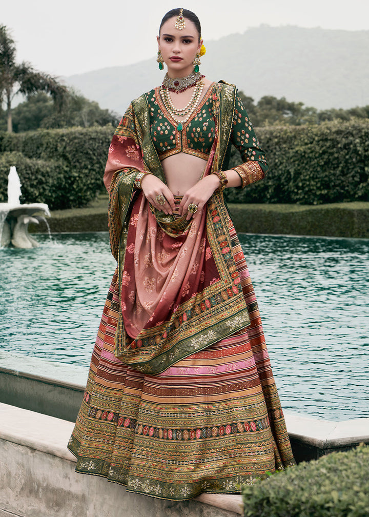 Shades Of Green & Pink Floral Printed Banarasi Silk lehenga Choli Having Embellishment work