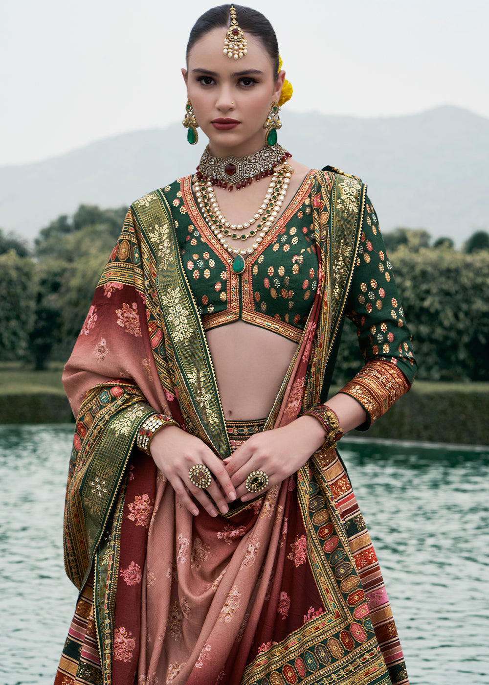 Shades Of Green & Pink Floral Printed Banarasi Silk lehenga Choli Having Embellishment work