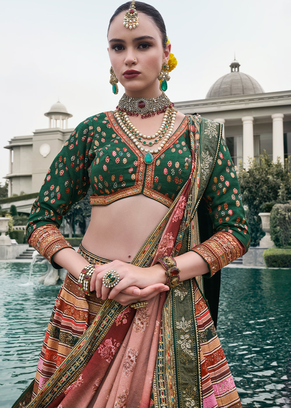 Shades Of Green & Pink Floral Printed Banarasi Silk lehenga Choli Having Embellishment work