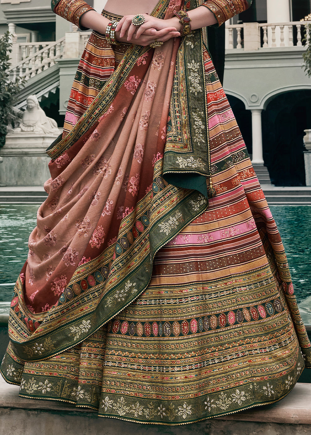 Shades Of Green & Pink Floral Printed Banarasi Silk lehenga Choli Having Embellishment work