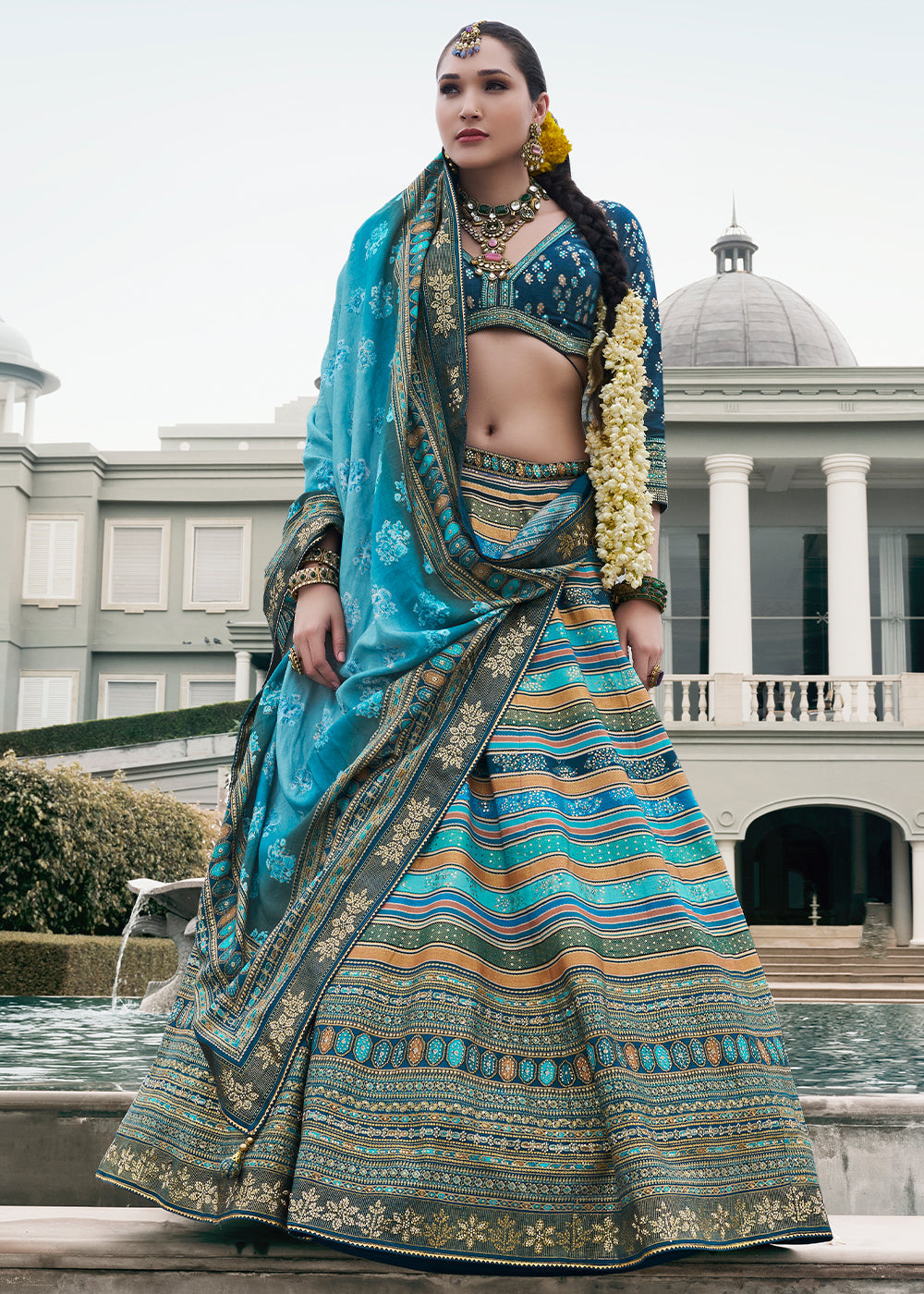 Shades Of Blue Floral Printed Banarasi Silk lehenga Choli Having Embellishment work