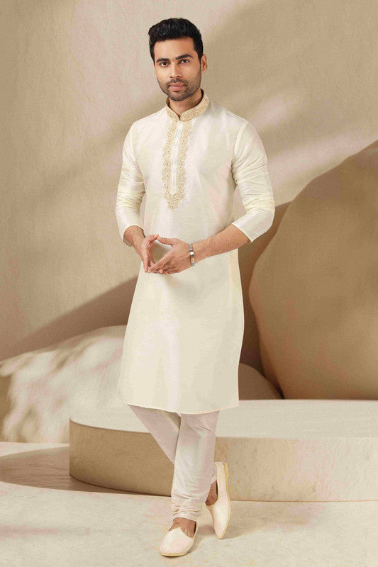 Men's Banarasi Art Silk Thread Work Kurta Pajama In Lemon Cream Colour