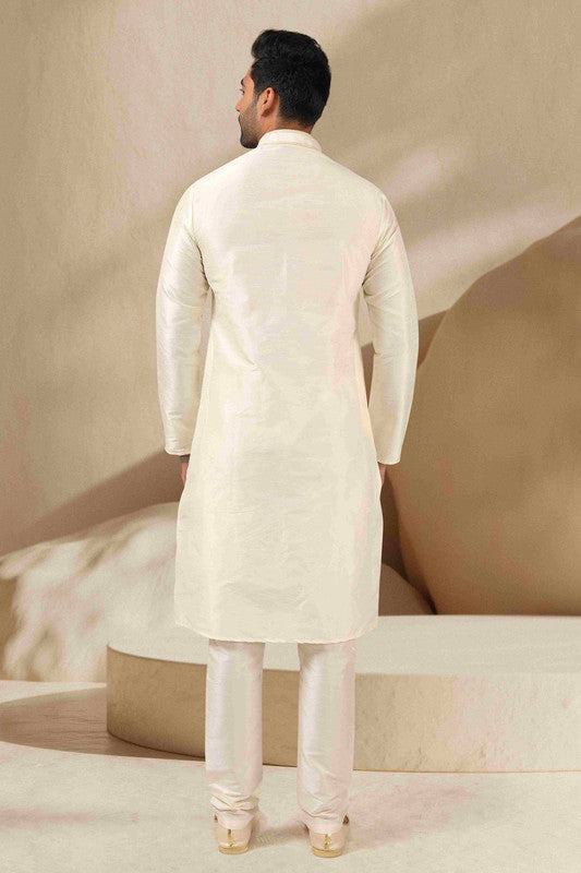 Men's Banarasi Art Silk Thread Work Kurta Pajama In Lemon Cream Colour