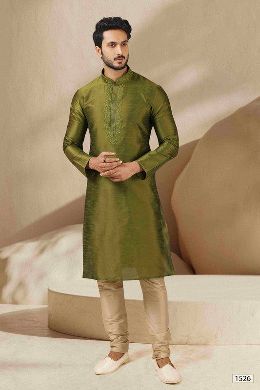 Men's Banarasi Art Silk Thread Work Kurta Pajama In Green Colour