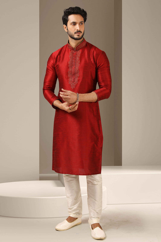 Men's Banarasi Art Silk Thread Work Kurta Pajama In Maroon Colour