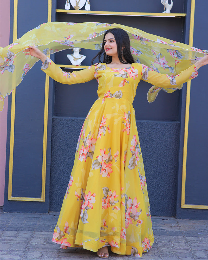 Yellow Colour Printed  Tebby Silk Anarkali Suit  - By Qivii