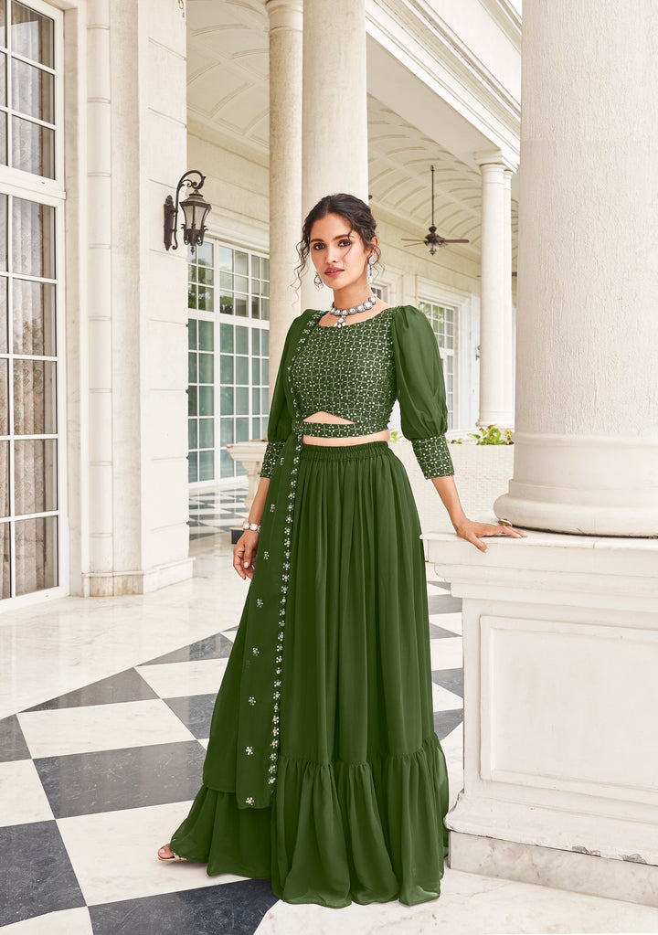 ###
Green Pure Fox Georgette Lehenga with Intricate Floral Embroidery Work