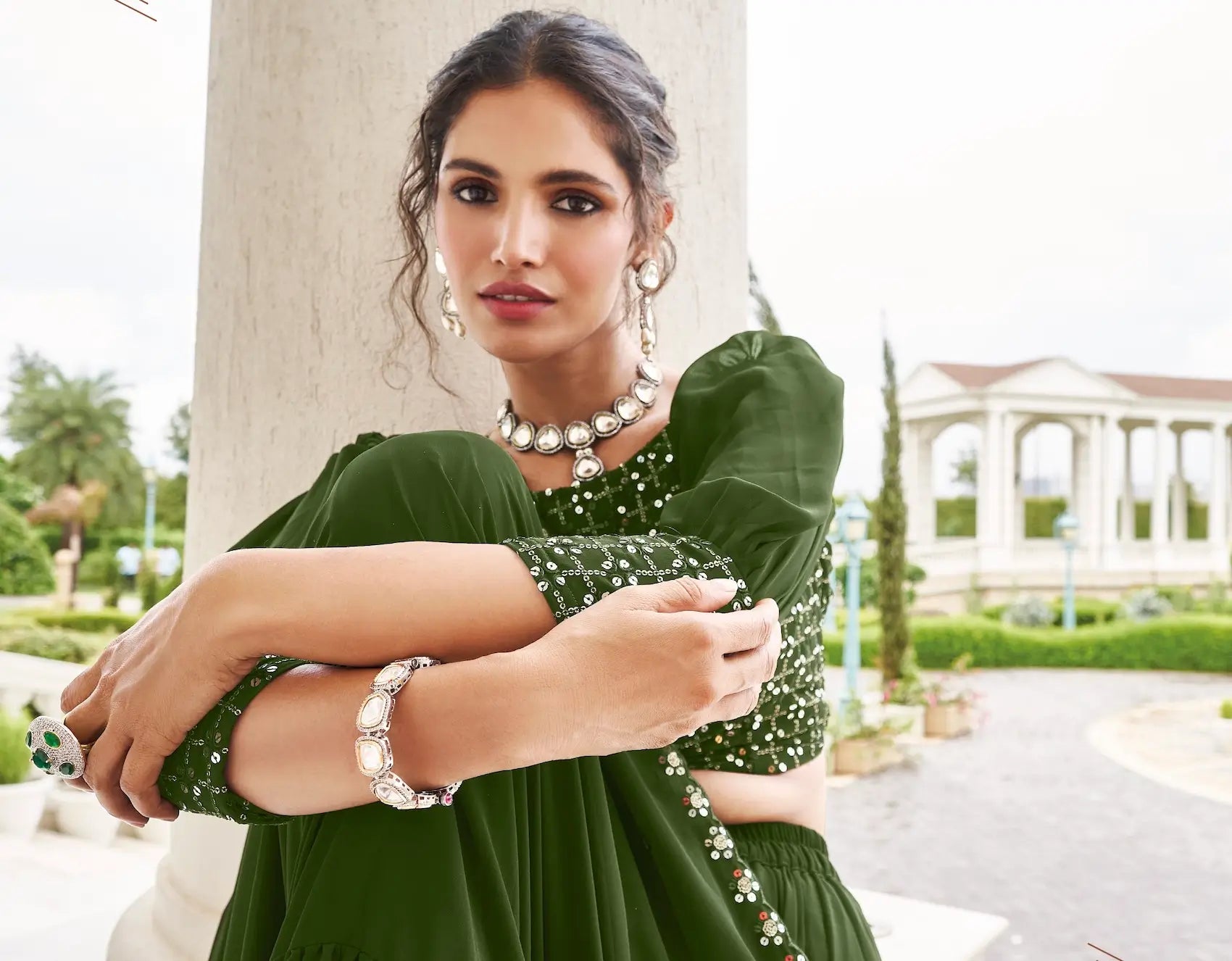 Olive Green Georgette Thread & Sequence Embroidery Work Lehenga Choli | Ready To Wear - qivii