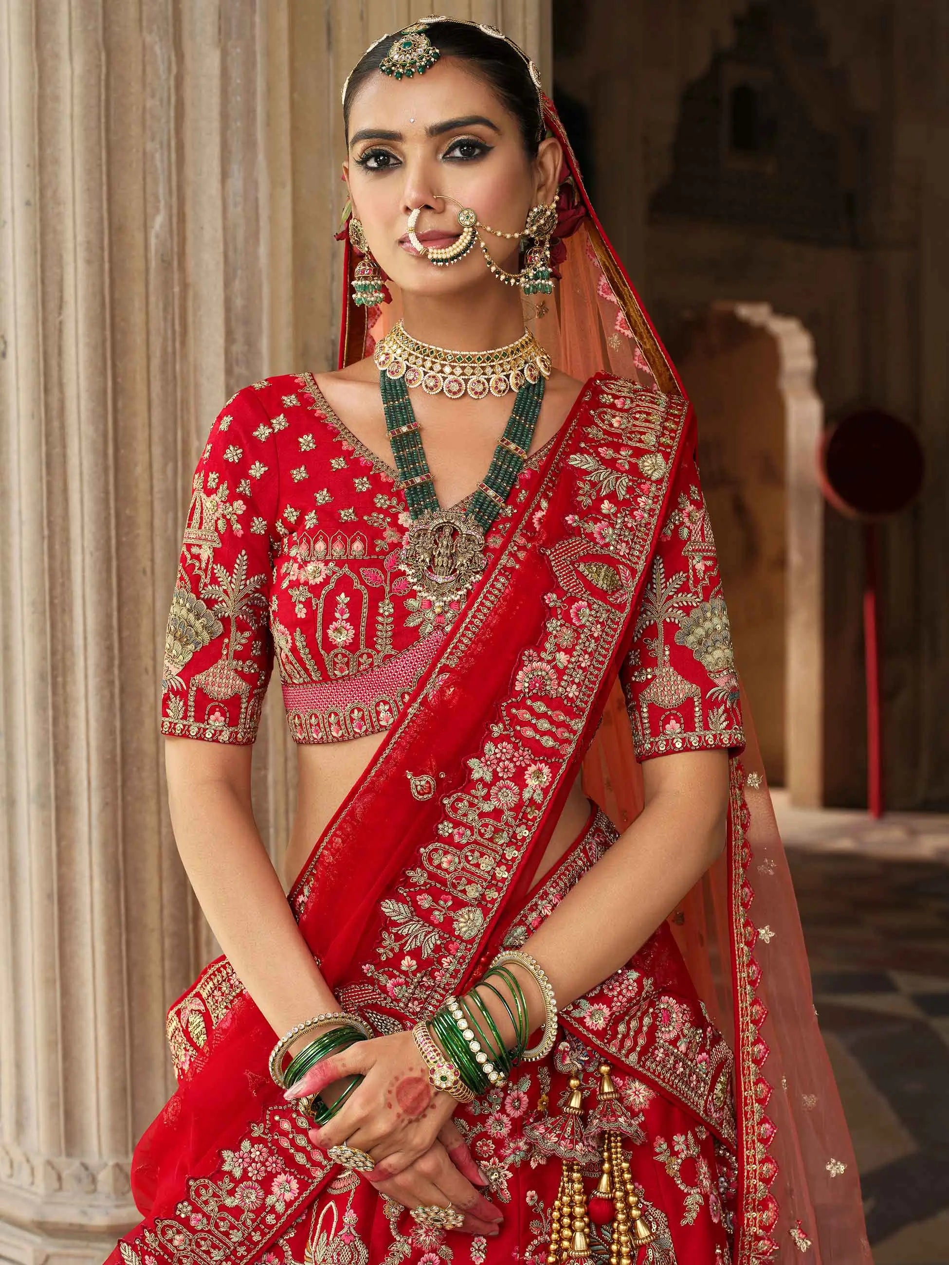 Red Bridal Lehenga With Khatli Embroidery & 2 Dupatta - qivii