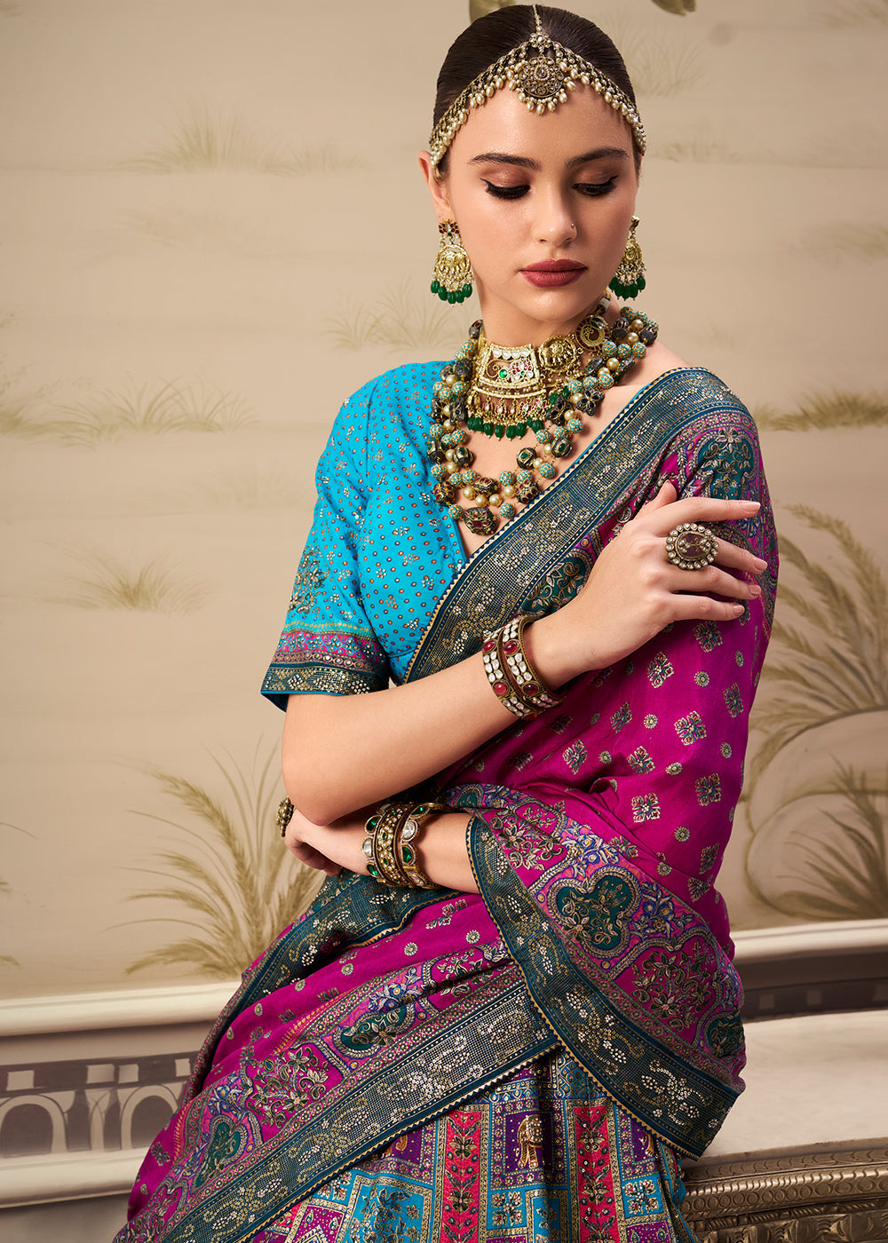 Shades Of Blue & Pink Banarasi Silk lehenga Choli Having Beautiful Embellishment work