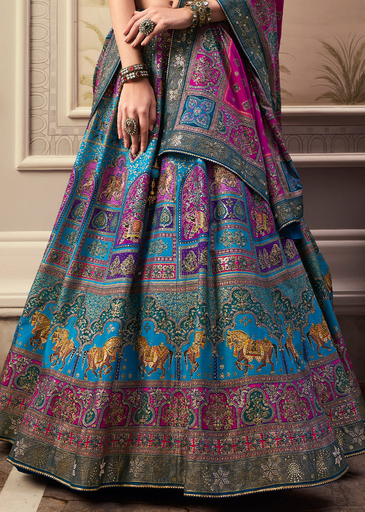 Shades Of Blue & Pink Banarasi Silk lehenga Choli Having Beautiful Embellishment work