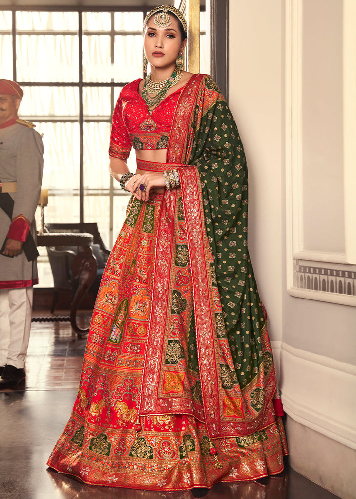 Shades Of Red & Green Banarasi Silk lehenga Choli Having Beautiful Embellishment work