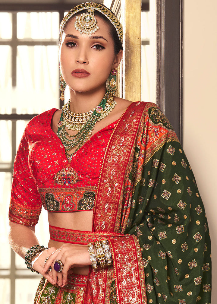 Shades Of Red & Green Banarasi Silk lehenga Choli Having Beautiful Embellishment work