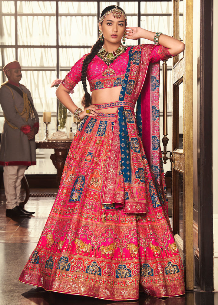 Shades Of Pink & Blue Banarasi Silk lehenga Choli Having Beautiful Embellishment work