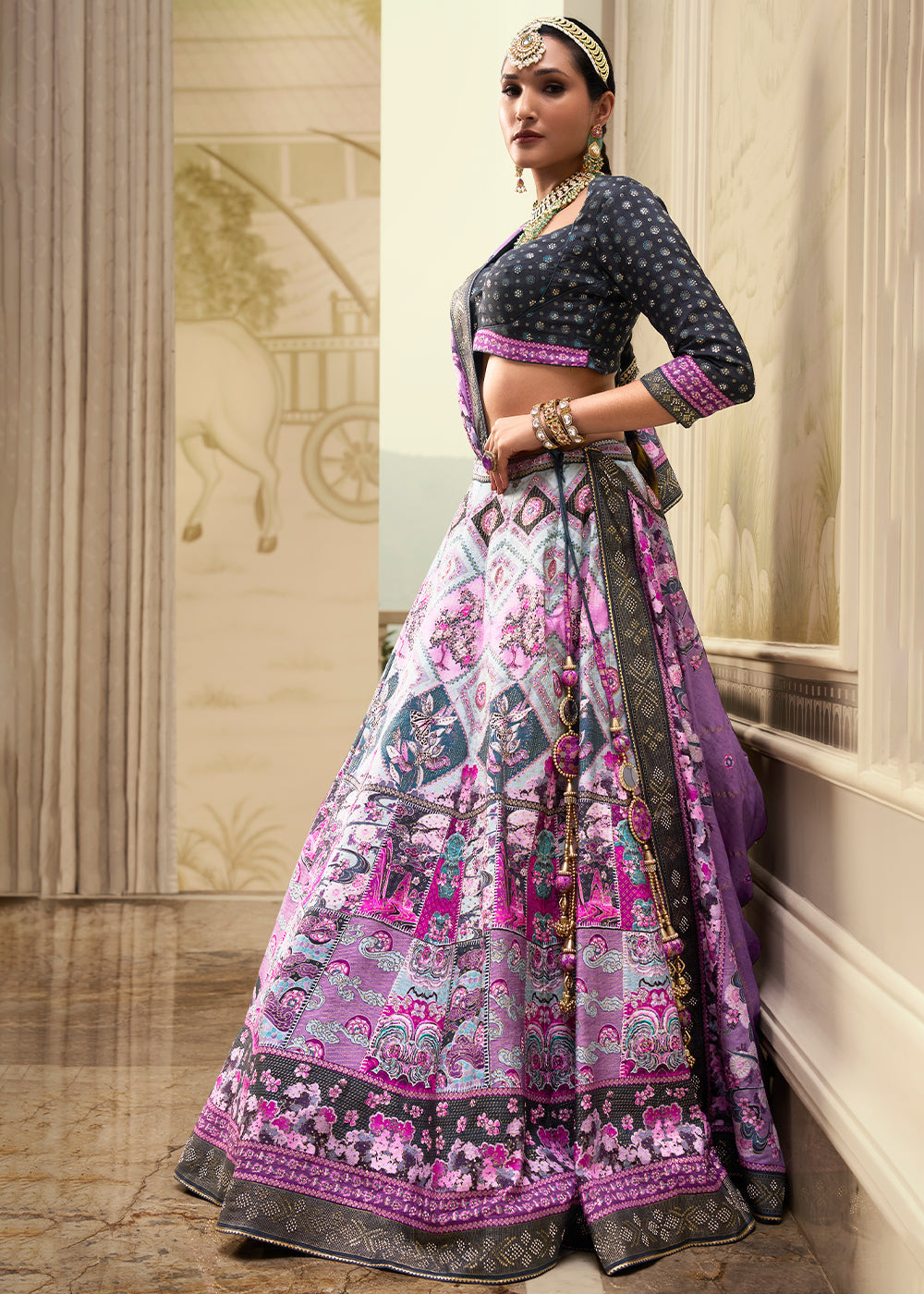 Shades Of Purple & Blue Banarasi Silk lehenga Choli Having Beautiful Embellishment work