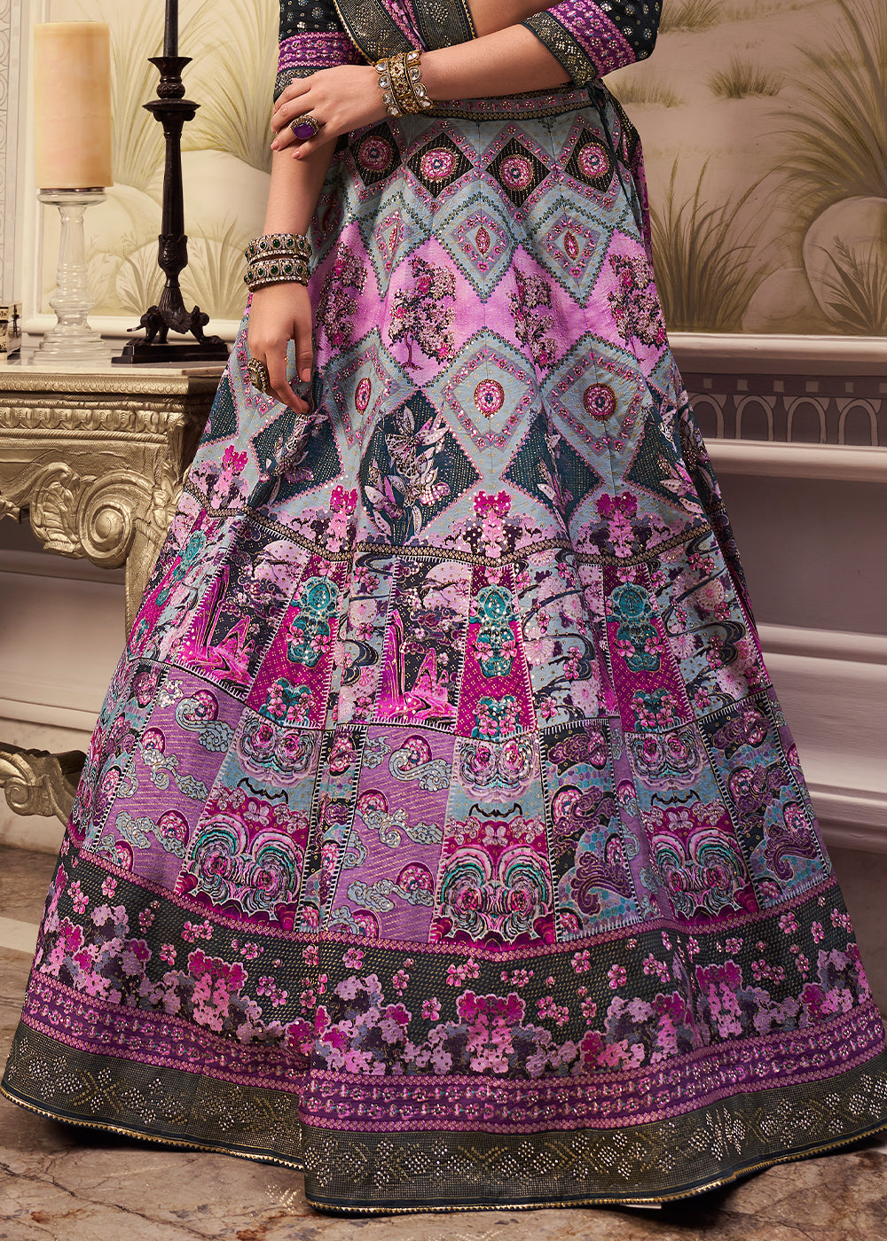 Shades Of Purple & Blue Banarasi Silk lehenga Choli Having Beautiful Embellishment work