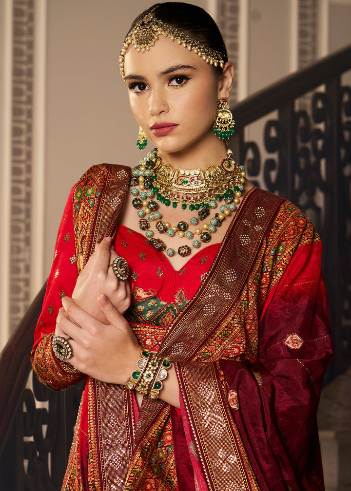 Shades Of Red Banarasi Silk lehenga Choli Having Beautiful Embellishment work