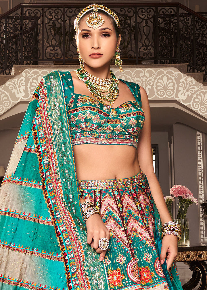 Shades Of Green Banarasi Silk lehenga Choli Having Beautiful Embellishment work