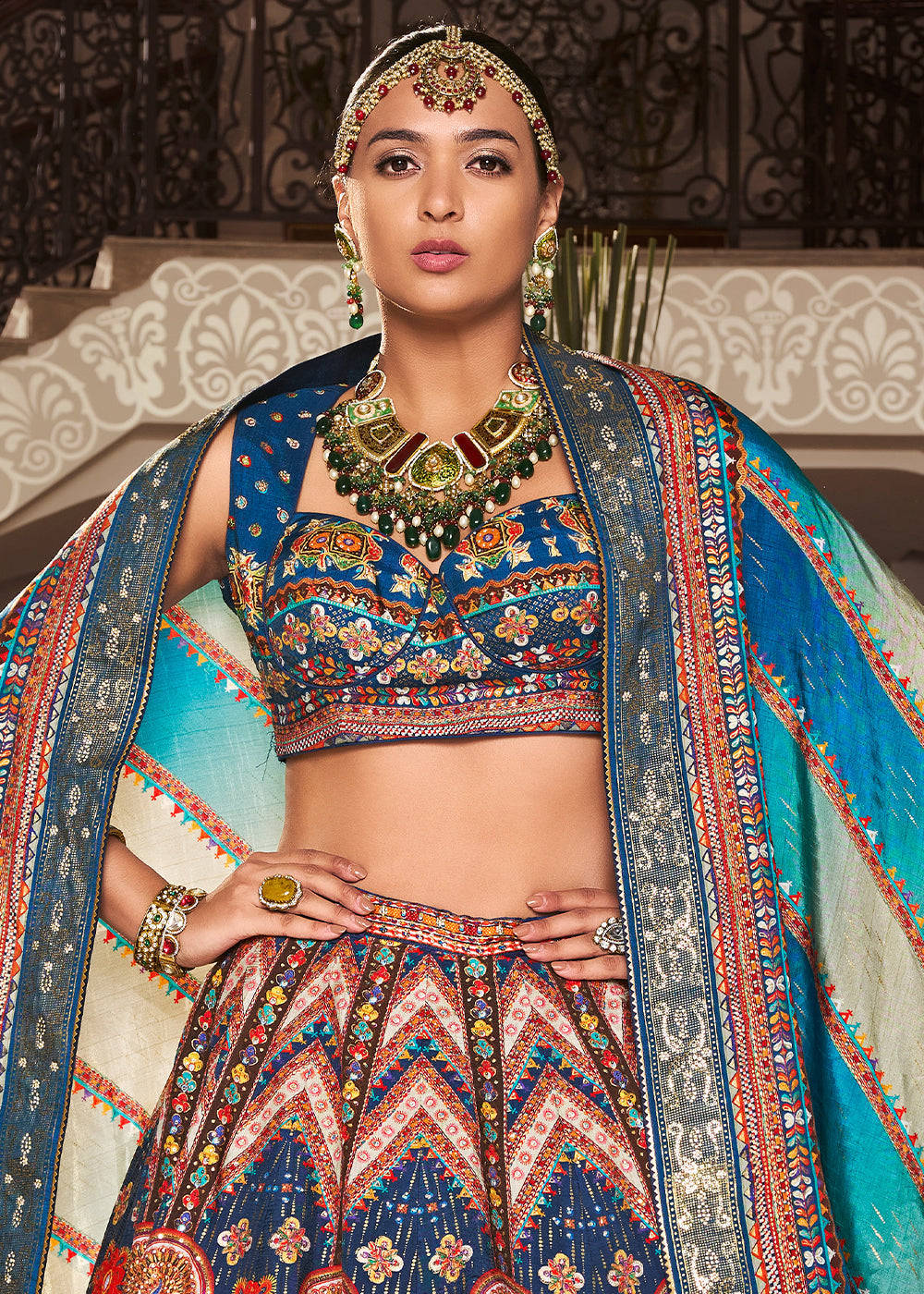 Shades Of Blue Banarasi Silk lehenga Choli Having Beautiful Embellishment work