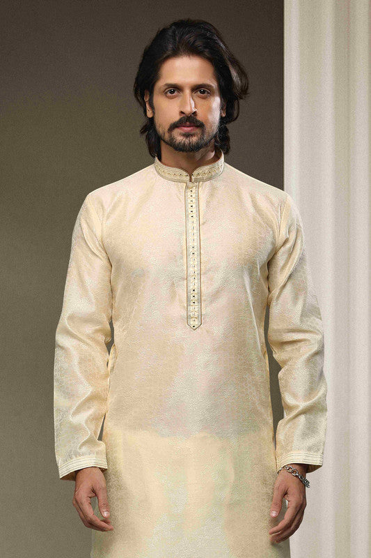 Men's Jacquard Silk Brocade Mirror Work Kurta Pajama In Cream Colour
