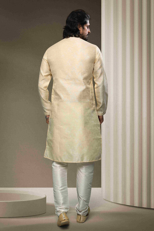 Men's Jacquard Silk Brocade Mirror Work Kurta Pajama In Cream Colour