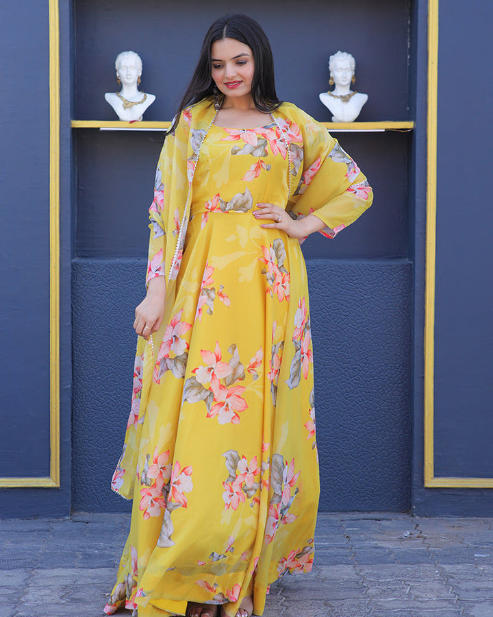 Yellow Colour Printed  Tebby Silk Anarkali Suit  - By Qivii