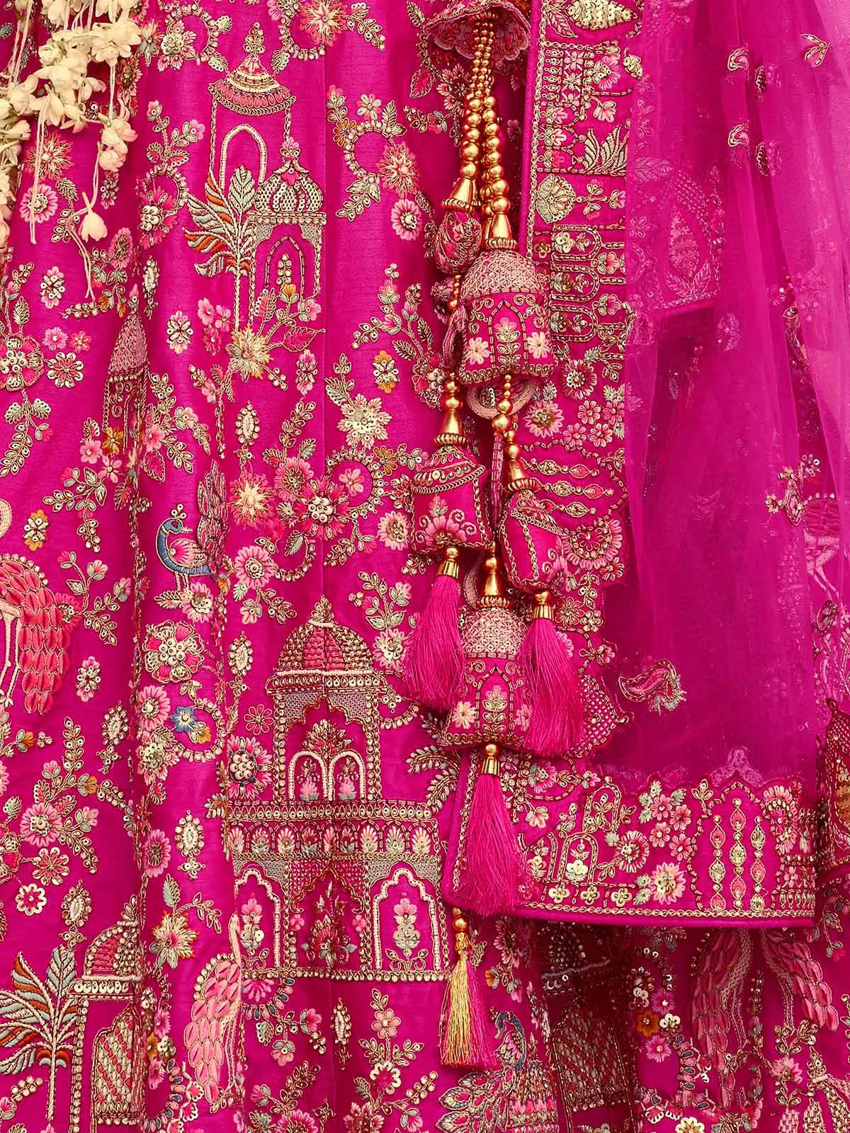 Pink Khatli Embroidery Bridal Lehenga With 2 Dupatta - qivii