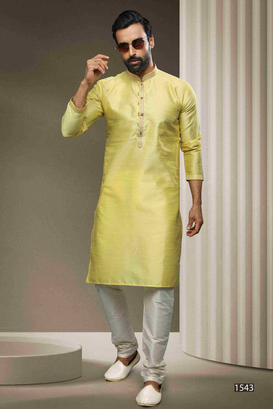 Men's Jacquard Silk Brocade Pintux Work Kurta Pajama In Lemon Cream Colour
