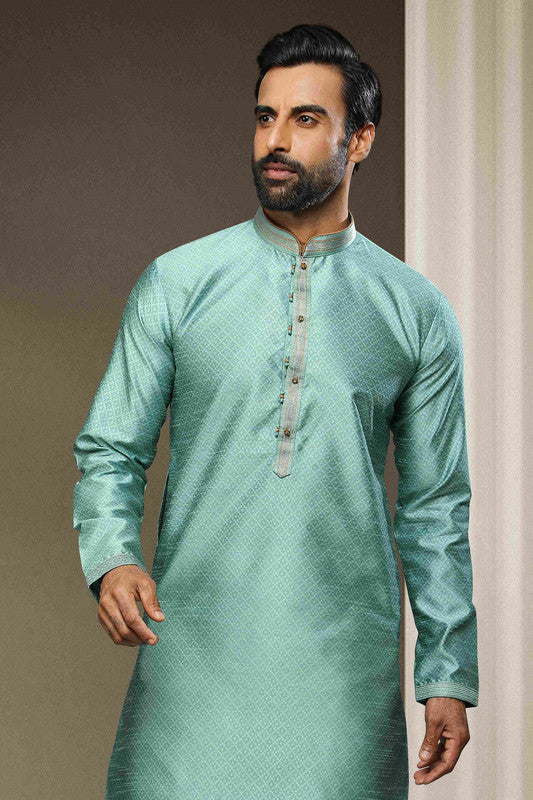 Men's Jacquard Silk Brocade Pintux Work Kurta Pajama In Sky Blue Colour