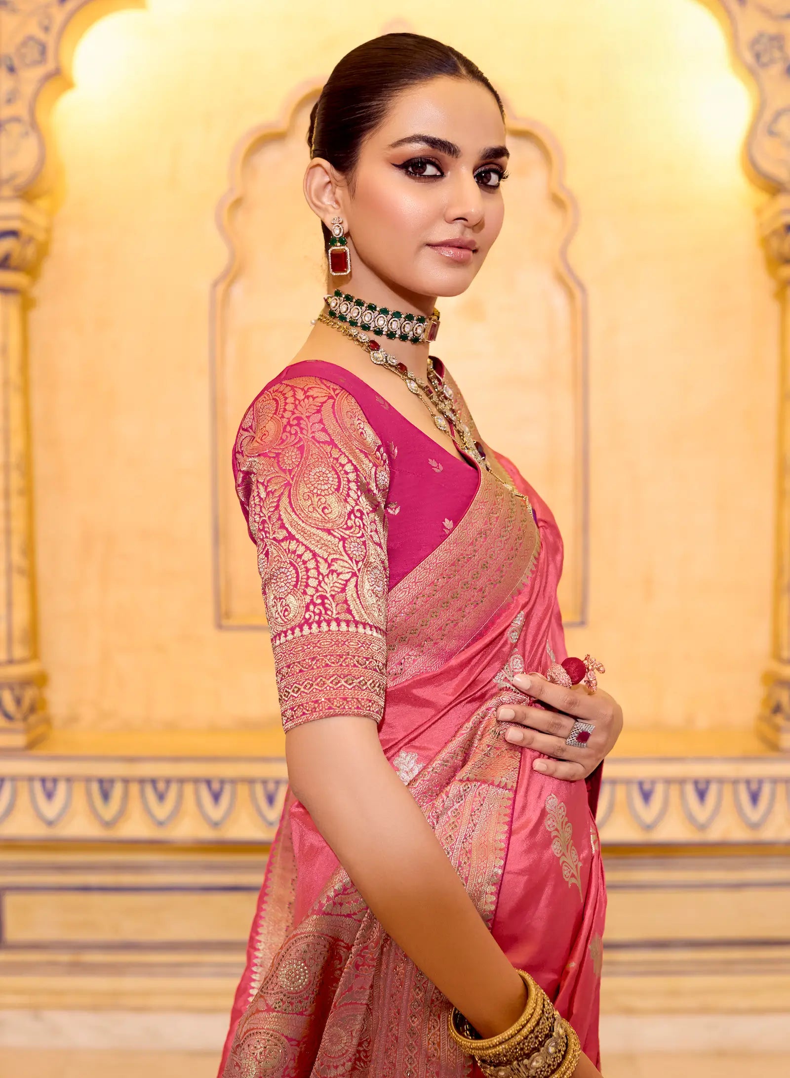 Warm Pink Crepe Silk Zari Weaving Saree