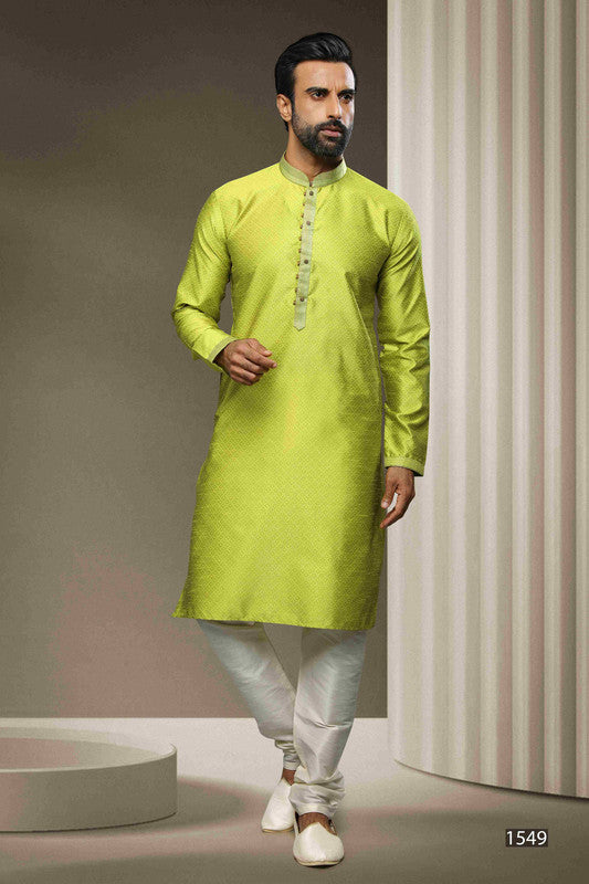 Men's Jacquard Silk Brocade Pintux Work Kurta Pajama In Mint Green Colour