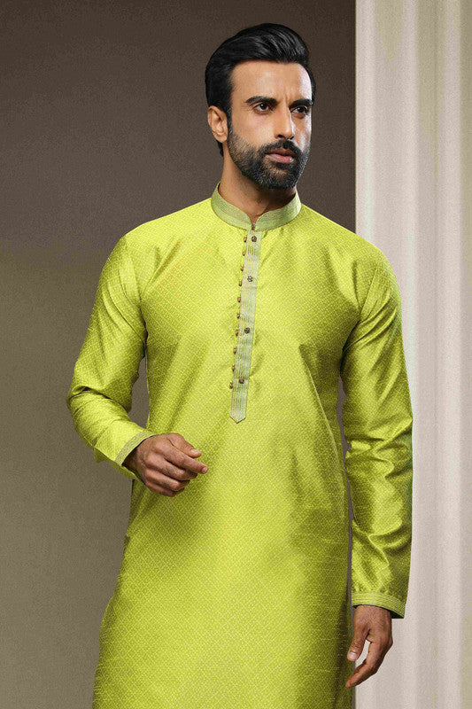 Men's Jacquard Silk Brocade Pintux Work Kurta Pajama In Mint Green Colour