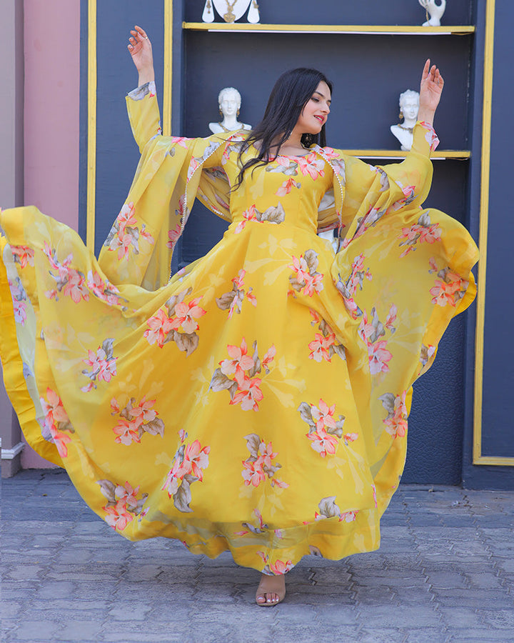 Yellow Colour Printed  Tebby Silk Anarkali Suit  - By Qivii