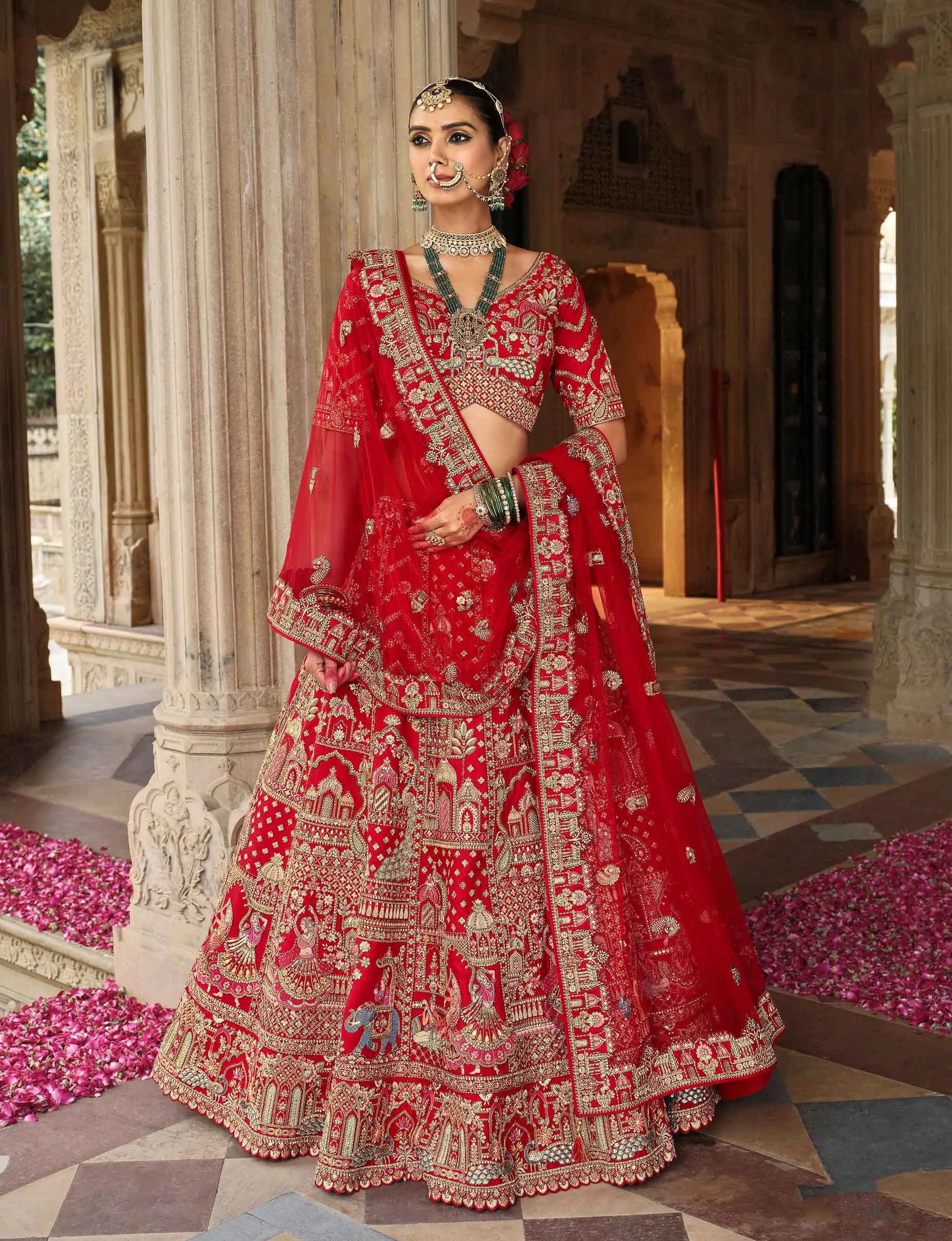 Scarlet Red Khatli Embroidery Bridal Lehenga & 2 Dupatta - qivii
