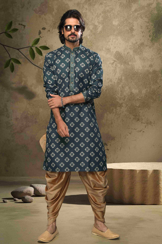 Men's Cotton Digital Print Pintux Work Kurta Pajama In Green Colour
