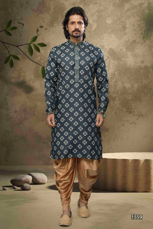 Men's Cotton Digital Print Pintux Work Kurta Pajama In Green Colour