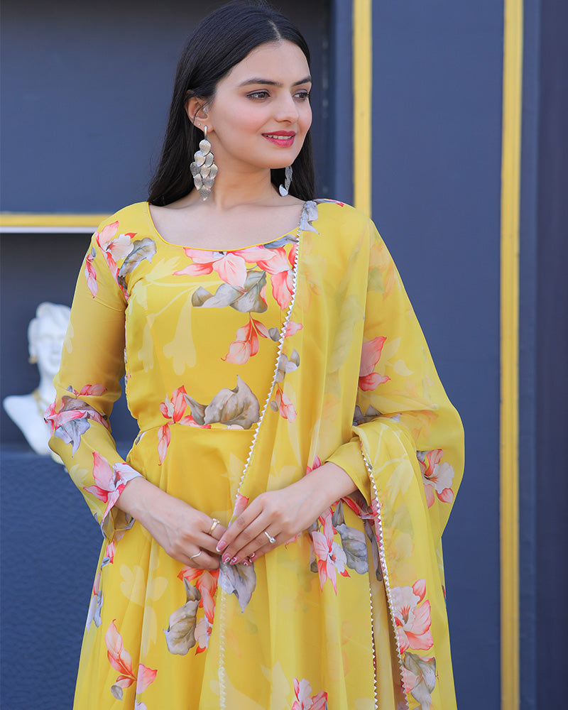 Yellow Colour Printed  Tebby Silk Anarkali Suit  - By Qivii