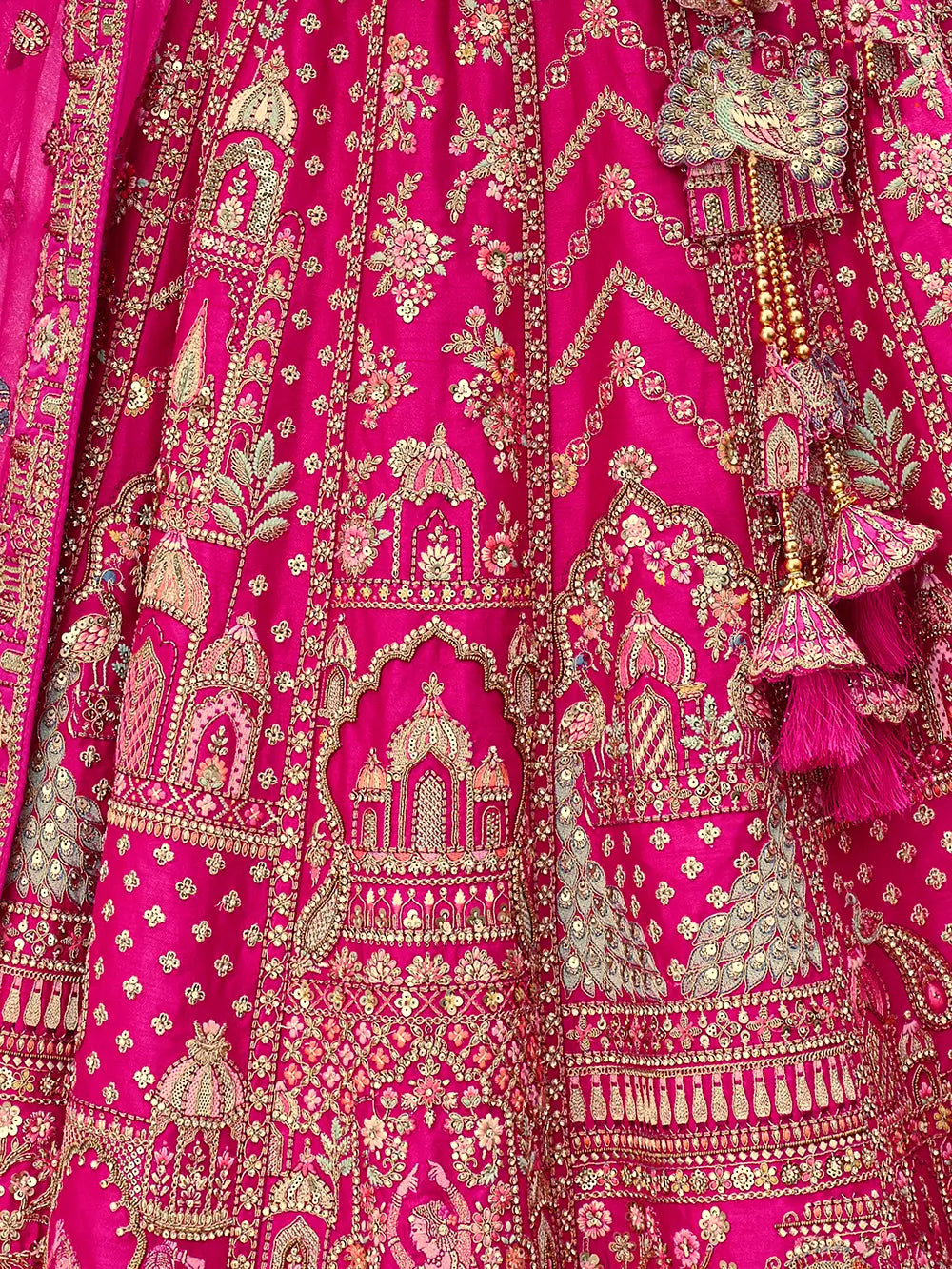 Dark Pink Khatli Embroidery Bridal Lehenga & 2 Dupatta - qivii