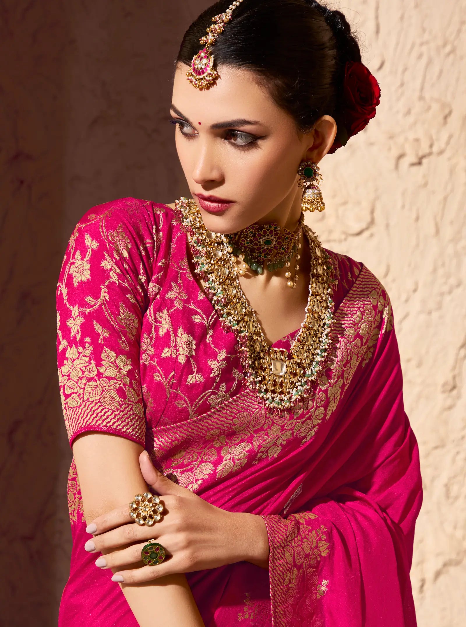 Rosy Red Georgette Zari Weaving Saree