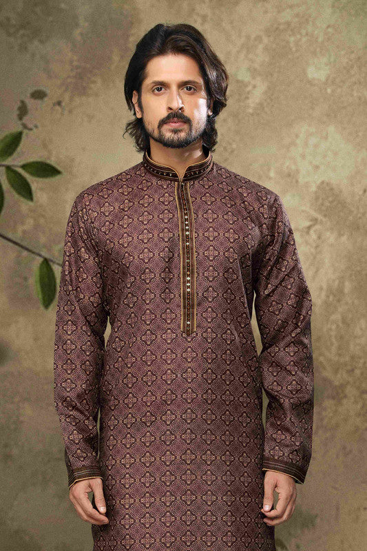 Men's Cotton Digital Print Pintux Work Kurta Pajama In Brown Colour