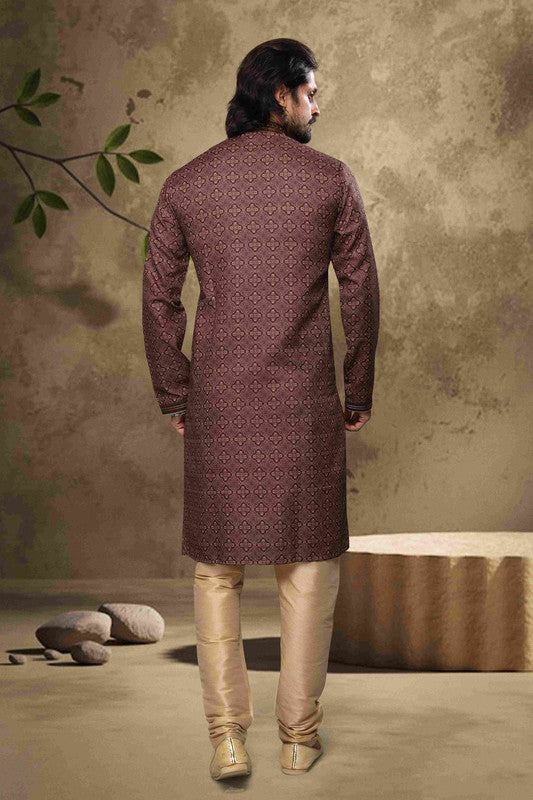Men's Cotton Digital Print Pintux Work Kurta Pajama In Brown Colour