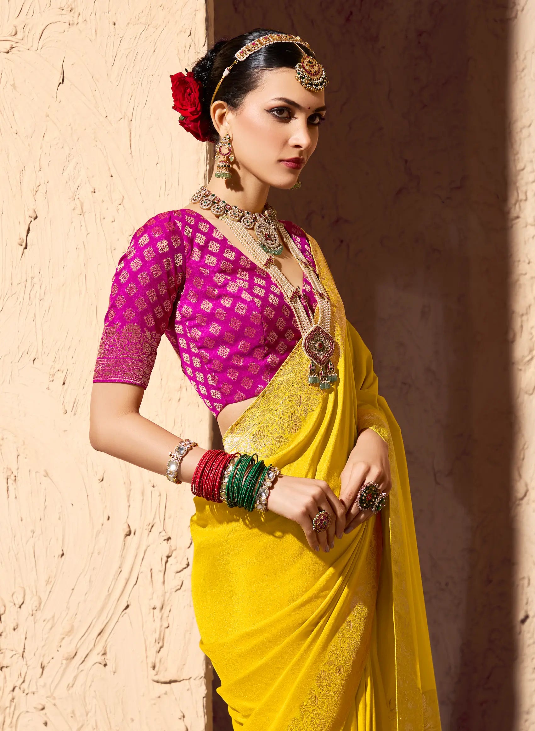 Bright Yellow Georgette Zari Weaving Saree